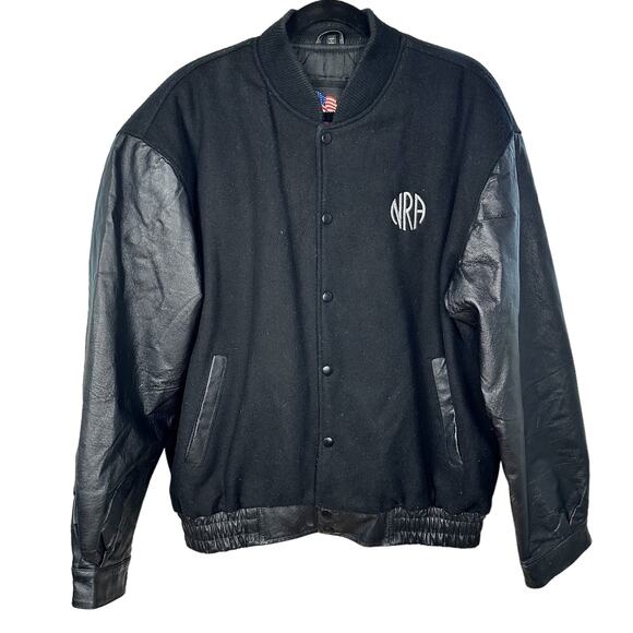 NRA National Rifle Association Mens L Member Bomber Jacket Black Leather Wool - Picture 1 of 16